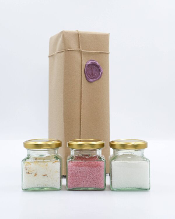 Enjoy luxurious scents such as Sicilian Lemon & Calendula, Rose Geranium and Coconut & Almond. Add that beachy beautiful scent, with Sicilian lemon & calendula to make you feel like you soaking in the Mediterranean sea. Rose Geranium bath salts not only look gorgeous with a pink hue but add a beautiful sweet rose scent that makes your bath feel great on your skin but also smell amazing. Finally, Coconut & Almond Bath Salts create a luxurious tropical scent to your bathroom, simple but adding a gorgeous touch to any bath. This Set is the perfect gift for yourself or a special occasion such as a birthday or Christmas. Let the aromatic scents take you on a journey of self-care and love.
