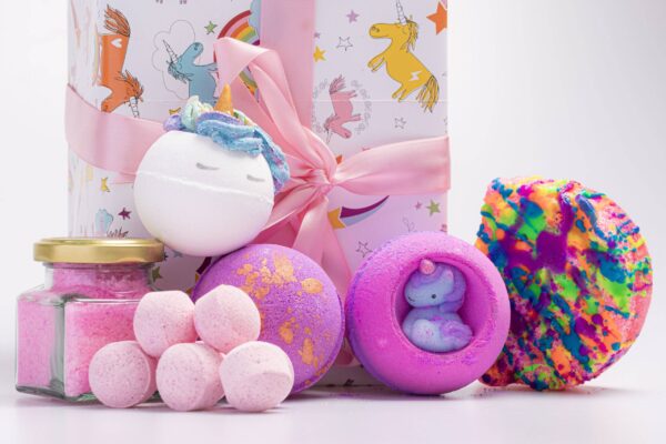 Introducing our enchanting "Unicorn Bath Bomb Gift Set" – a whimsical journey into a world of colorful relaxation and pure magic. This delightful collection is designed to transport you to a realm of vibrant colors, delightful fragrances, and playful surprises for the perfect bath-time escape.